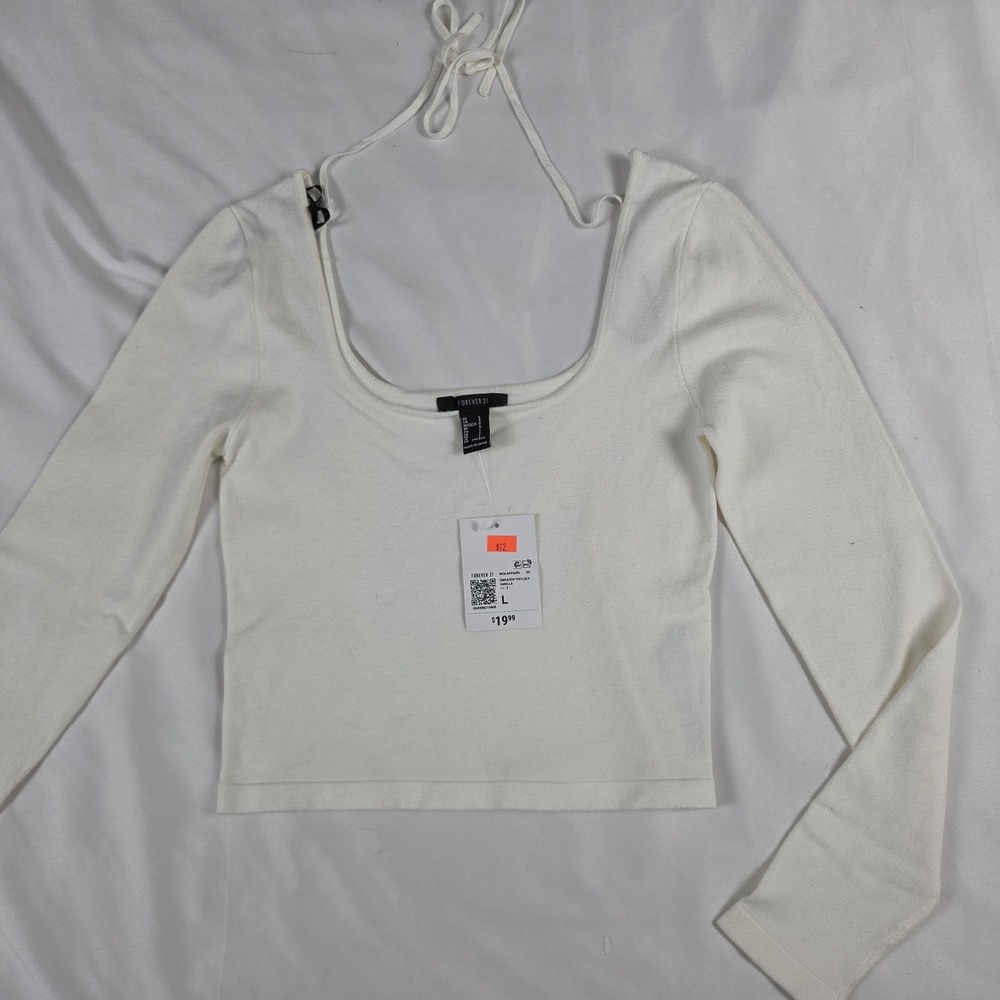 Forever 21 Cream Long Sleeve Crop Top Scoop Neck Size L - Picture 4 of 4